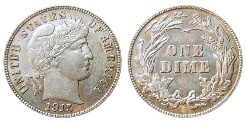 1915 Barber dime obverse and reverse showing Liberty portrait and eagle design