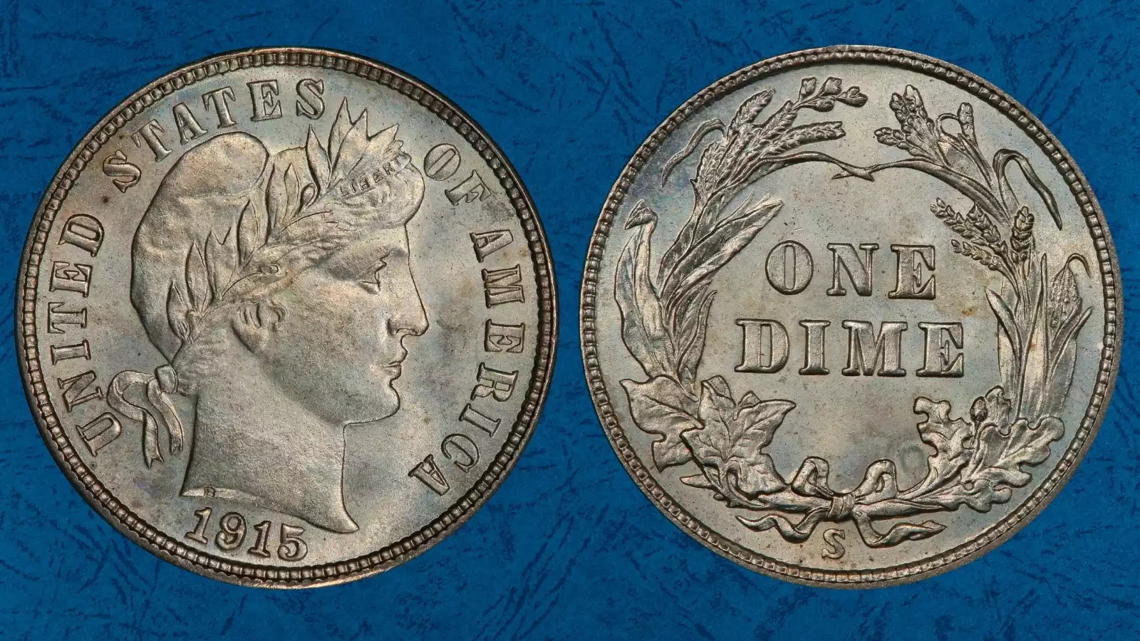 Side-by-side comparison of 1915-P and 1915-S Barber dime reverses showing mint mark location below wreath bow