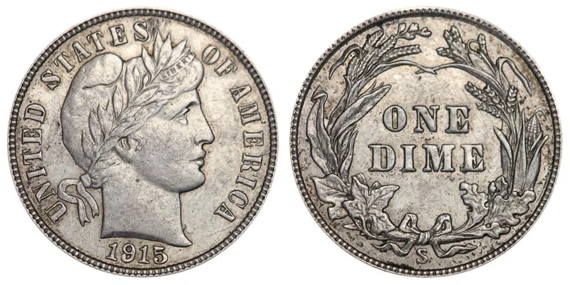 1915-S/S Repunched Mint Mark close-up showing offset secondary S above primary mint mark on 1915 Barber dime