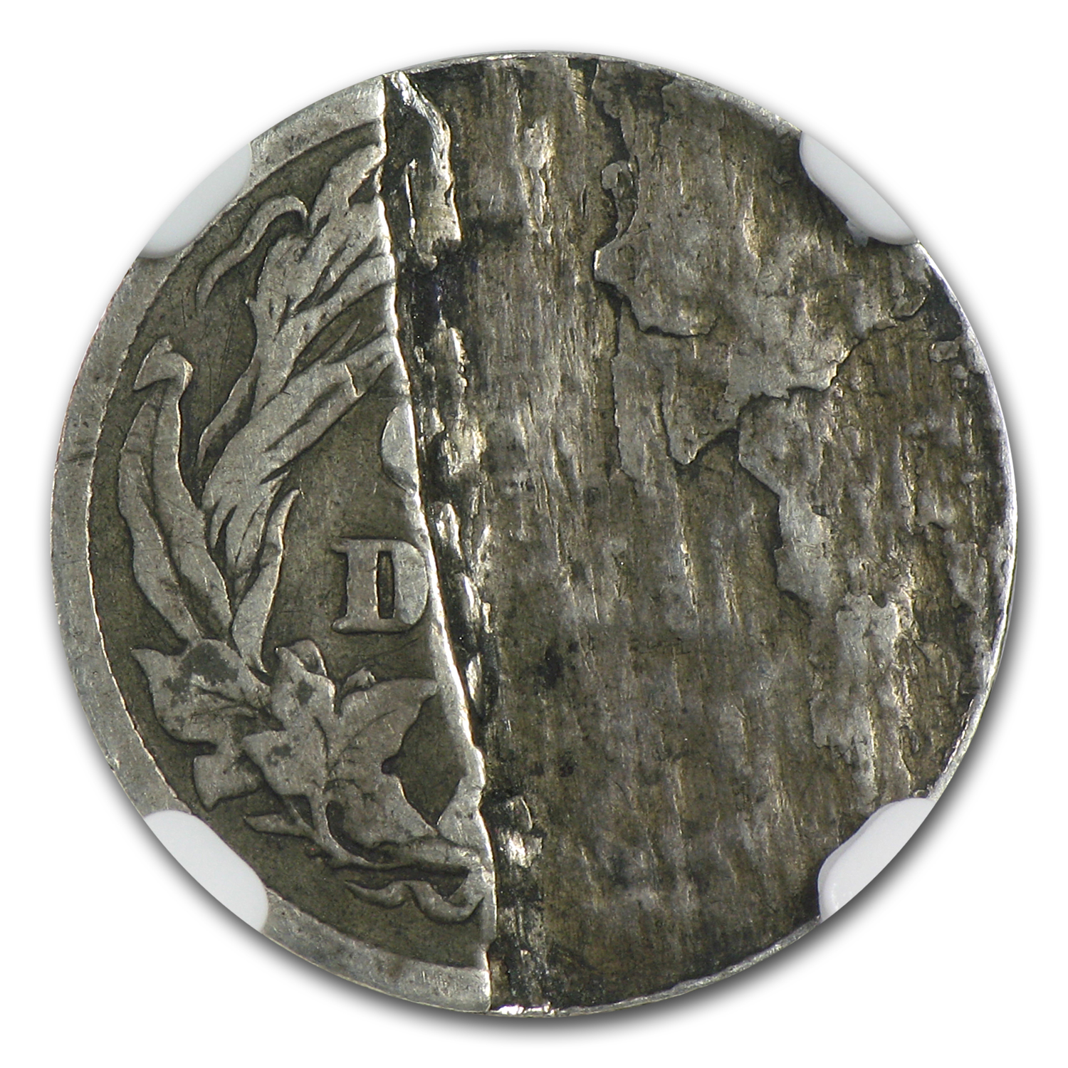 1915 Barber dime lamination error showing thin silver layer peeling from coin surface in fields