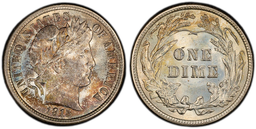 1915 Barber dime grading strip showing four coins from Good to Mint State condition side by side